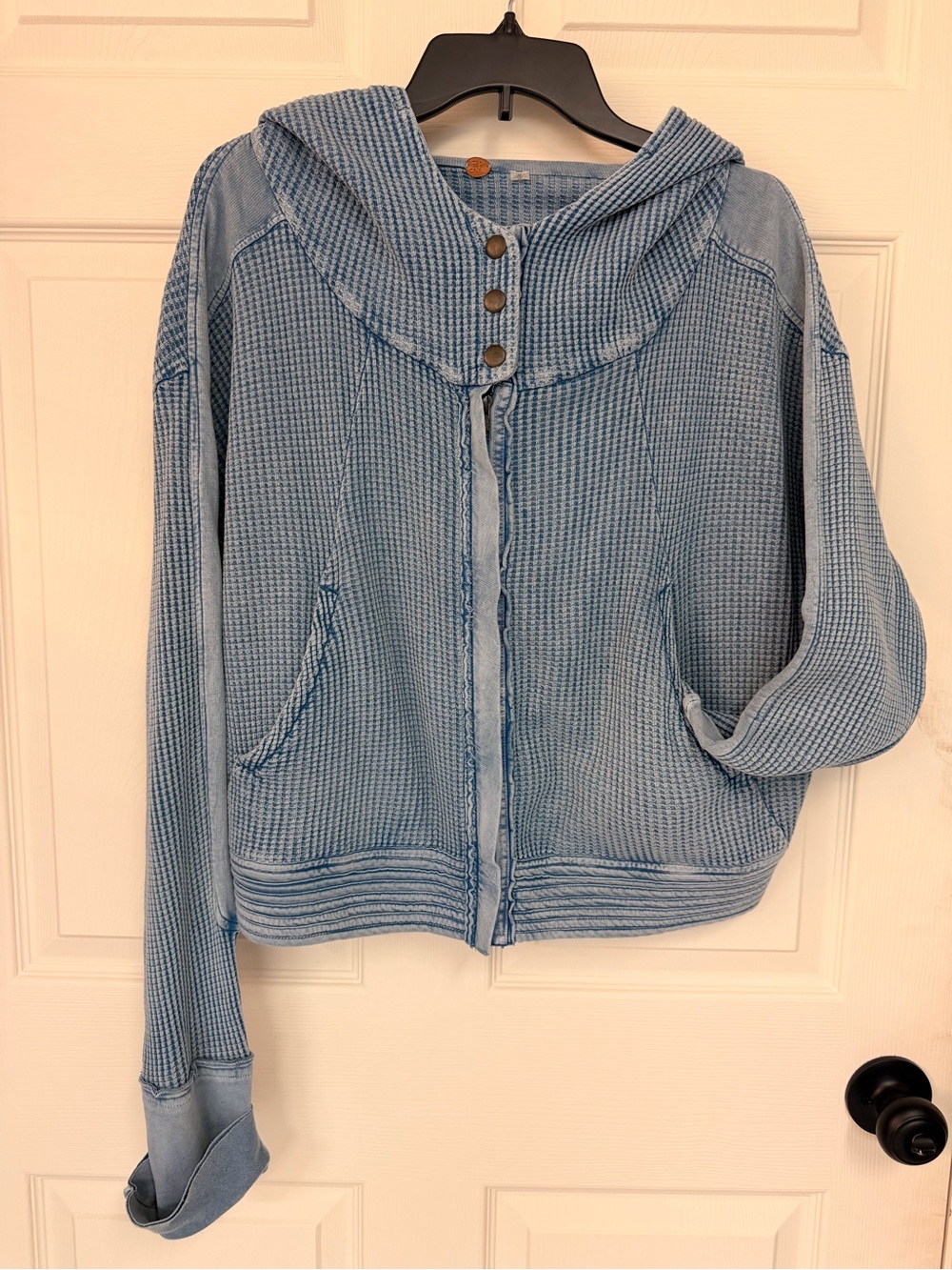 Free People Light Blue Waffle Knit Hooded Zip Sweatshirt